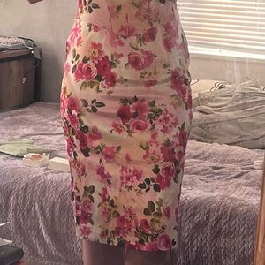 David Meister Pink and Green Floral Pencil Skirt